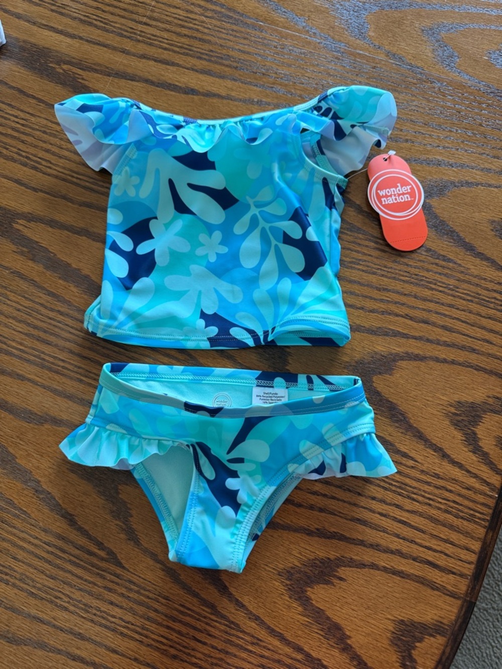 wonder nation Teal & Navy Floral Ruffle Two-Piece Swim Set